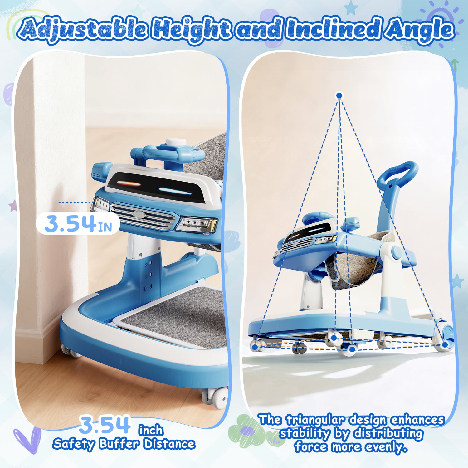 WonderStone 6 in 1 Baby Walker, Height-Adjustable Push Walker with Music & Light Toys, Baby Bouncer & Activity Center for Boys and Girls 6-18 Months (Blue)