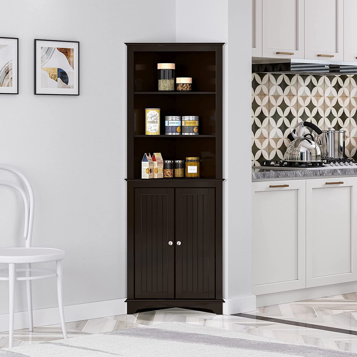 Spirich Tall Corner Cabinet with Adjustable Shelves, Free Standing Storage for Bathroom, Kitchen, Espresso