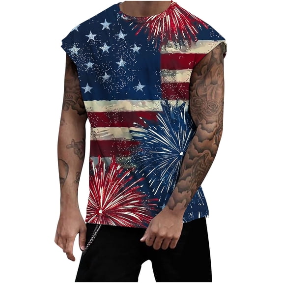 Cmfcve Men's Patriotic Tank Top Casual Printing Independence Day Vests Sleeveless Round Neck Flag Tees
