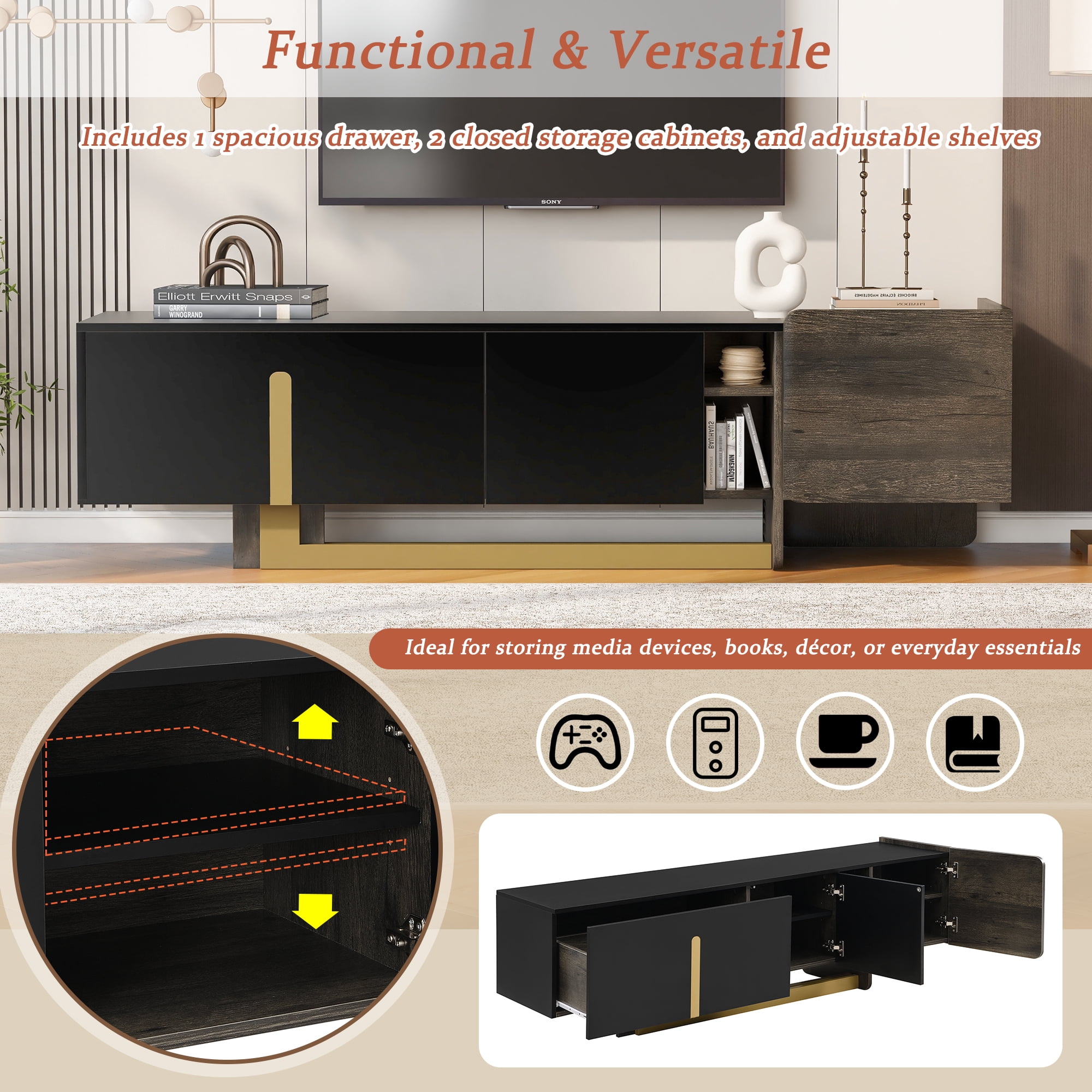 Paproos TV Stand for 70 inch tv, TV Cabinet with Drawer & Door, Living Room TV Console Entertainment Center with Open Shelves, Media Console Table Television Stand for Living Room, Black & Brown