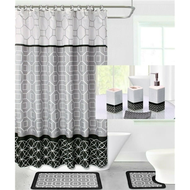 19pc Diamond Gray Black Bathroom Set Washable Rubber Backing Anti Slip Includes 2 Bath Rug Math 1 Shower Curtain 12pc Rings Covered 4 Accessories Ceramic 19pc Diamond Gray Black Bathroom Set