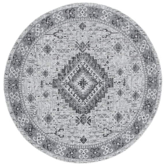SAFAVIEH Courtyard Davin Geometric Indoor/Outdoor Area Rug, Light Grey/Charcoal, 6'7" x 6'7" Round