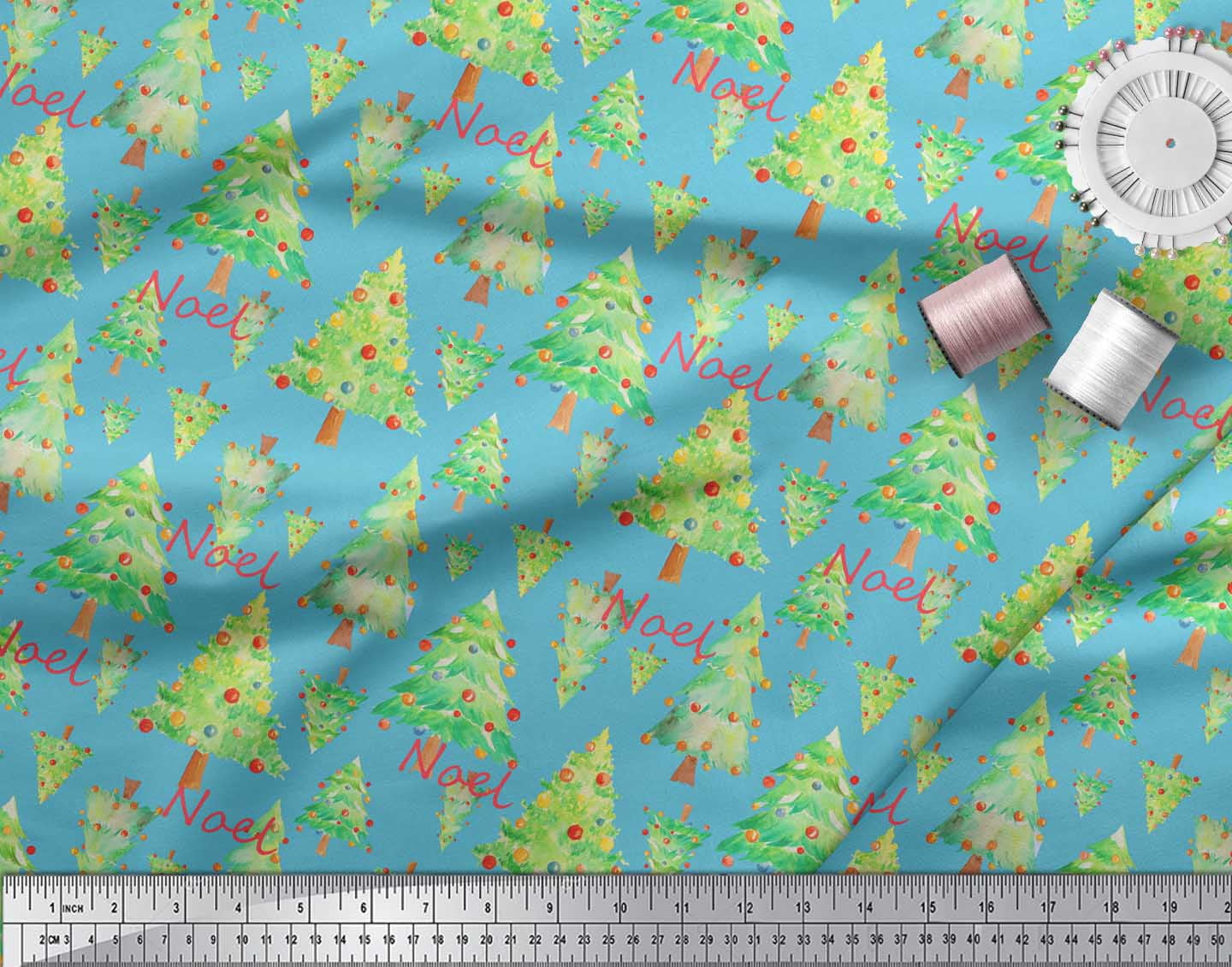 Soimoi Blue Poly Georgette Fabric Text & Christmas Tree Printed Craft Fabric by the Yard 52 Inch Wide