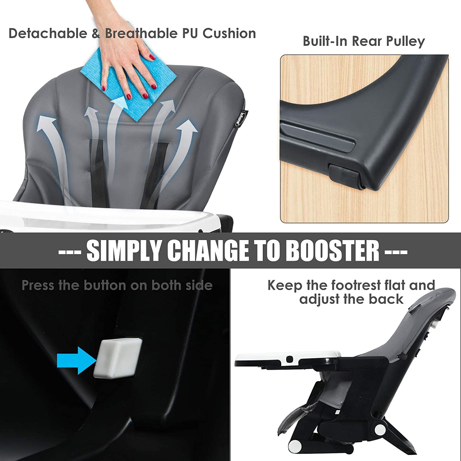 INFANS 4 in 1 High Chair–Booster Seat, Convertible Highchair w/Adjustable Height, Removable Tray, Detachable Cushion, Installation-Free, Simple Fold for Baby, Infant & Toddler, Gray