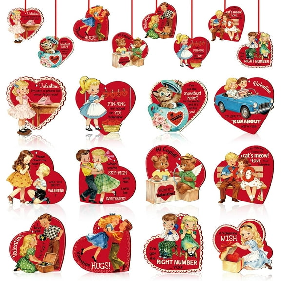 Vintage Ornaments for Tree Decorations - 12Pcs Wooden Heart Ornaments for Valentine Tree - Valentine Gift for Her Him Class Exchange Anniversary Birthday Party Supplies Favors