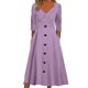 thumbnail image 1 of Gibobby Vestido de gasa de verano para mujer Mujer Suelto Tamaño grande Cómodo Color sólido Manga larga Cuello en V Botón Vestido informal(Morado,G), 1 of 5