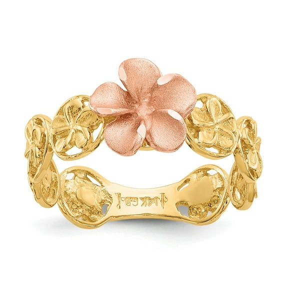 14K Two-Tone Gold Ring Band Themed Yellow & Rose Diamond-cut Plumeria Flower