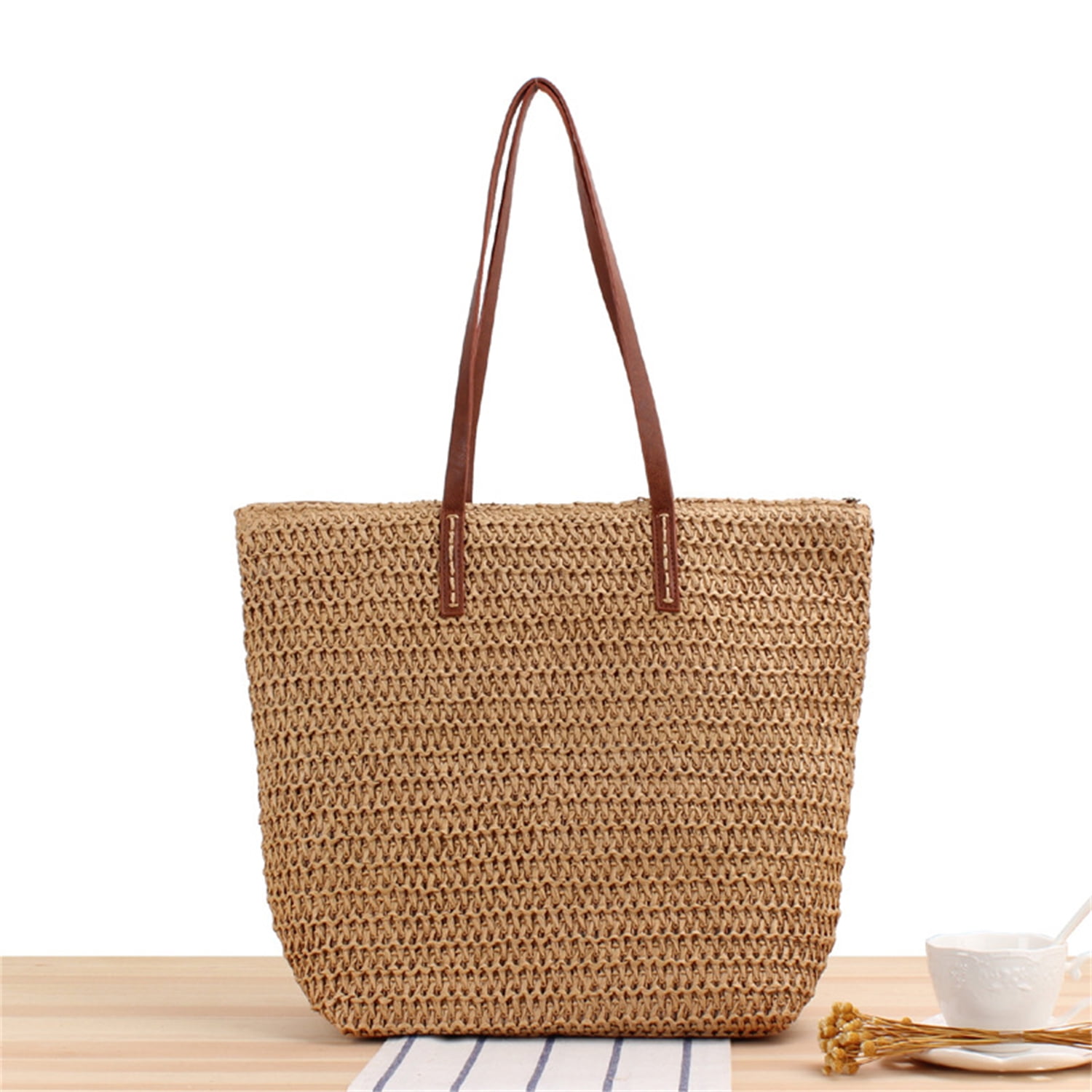 Straw Woven Bag New Beach Woven Straw Bag Shoulder Bag(Brown)