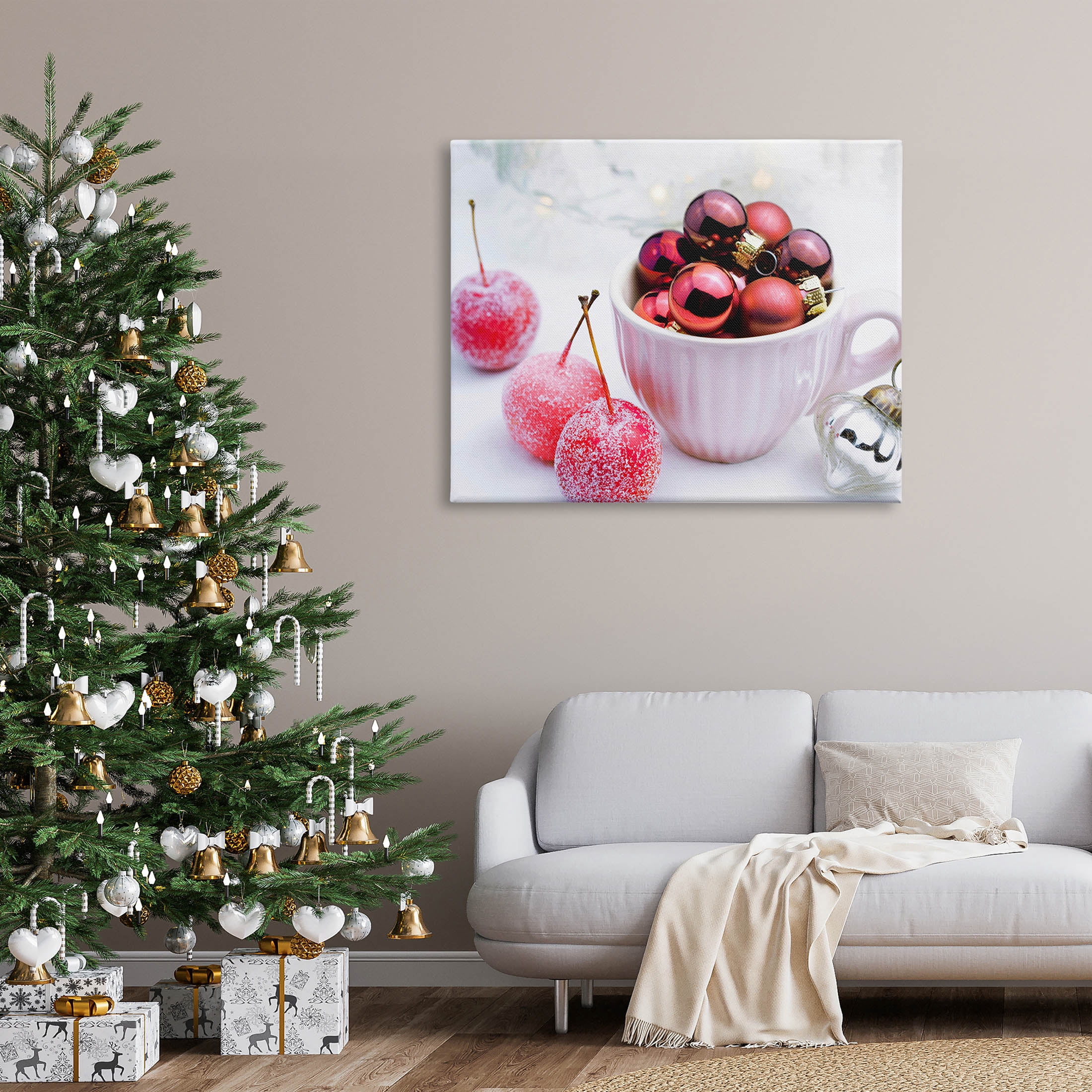 Gleaming Red Christmas Ornaments Holiday Photograph Gallery Wrapped Canvas Print Wall Art