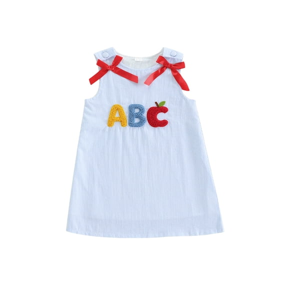 BemeyourBBs Toddler Baby Girl Back to School Dress Kids Kindergarten Outfits Toddler Girl Summer Tank Dress Sleeveless 2 3 4 5 6 7 Years Apple Embroidery Striped Bow Decor A-Line Dress