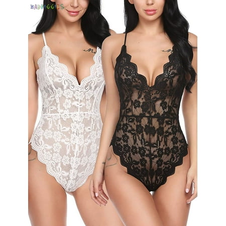 BadPiggies 2-Pack Women Teddy Lingerie One Piece Deep V Sexy Lace Babydoll Mini Bodysuit (M  Black+White)