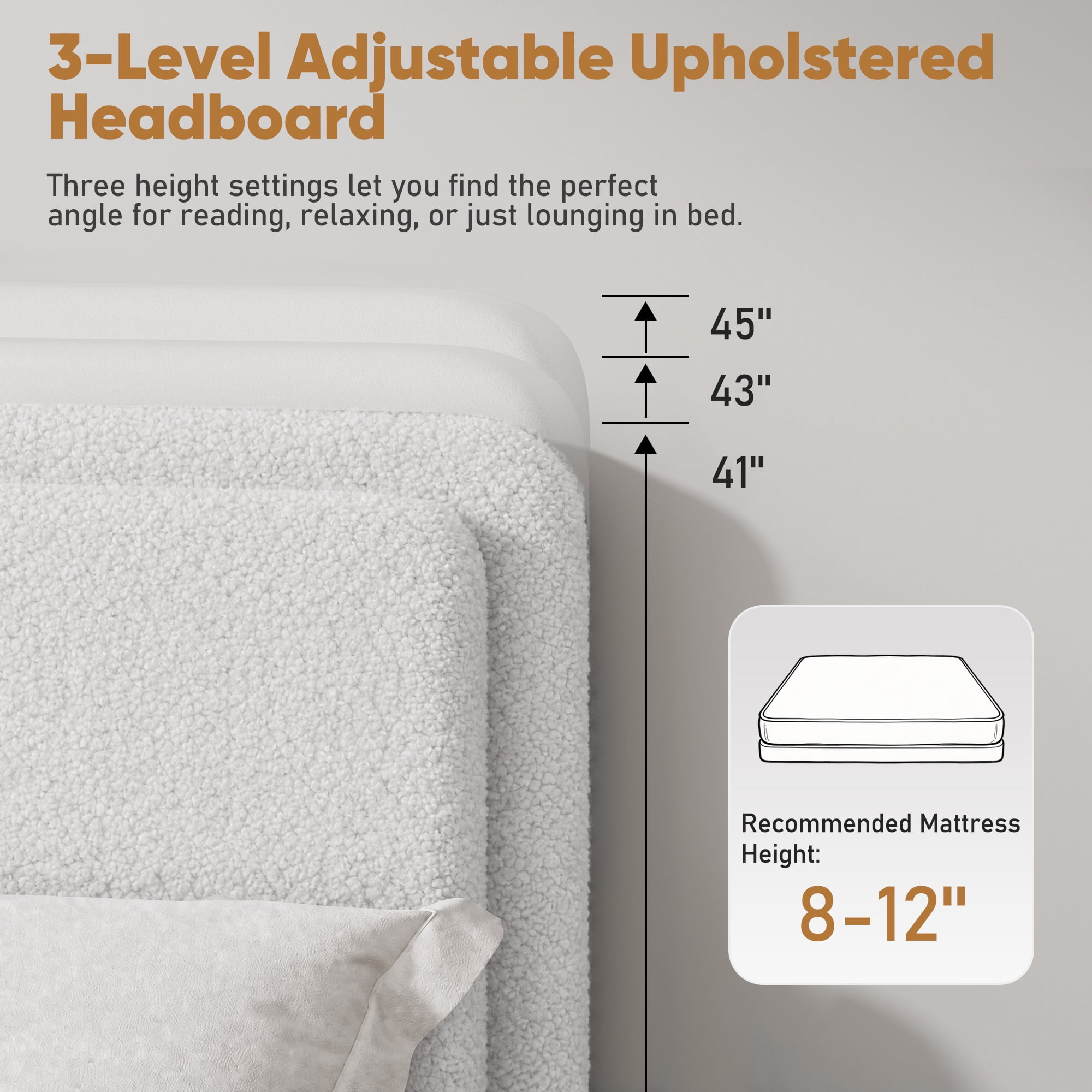 Frostbloom Full Size Bed Frame with Boucle Adjustable Headboard, Cloud Style Upholstered Platform Bed, White
