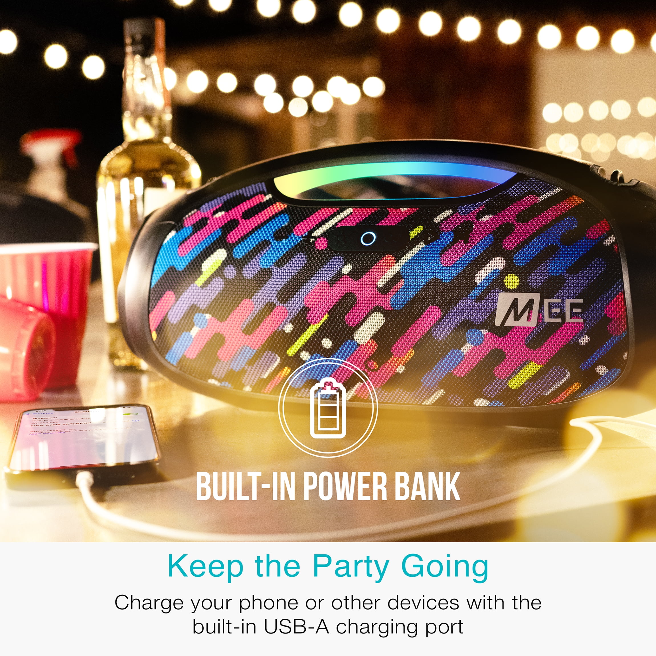 MEE audio partySPKR Bluetooth Wireless Speaker with Dynamic LED Lighting, 2 Subwoofers for Powerful Sound, Connect 100+ Together; Large Yet Portable for Indoors/Outdoors (Colorful)