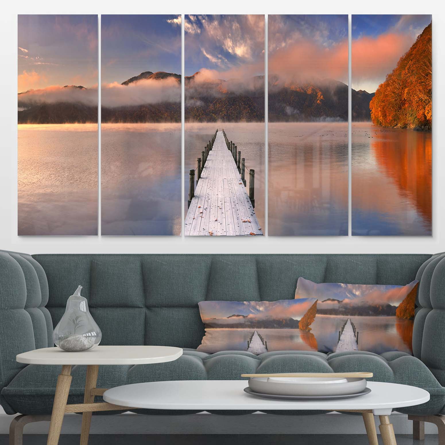Designart 'Jetty in Lake Japan ' Multipanel Seascape Photography Metal Wall Art