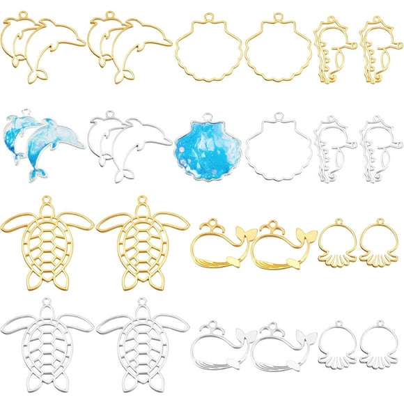 24 Pcs Pendentif Thème Mer Cadre Ouvert 12 Styles Pendentifs Cadre en Alliage Couleur Durable Dauphin Méduse Baleine Cadres en Résine avec Boucle pour Fabrication de Bijoux en Résine UV DIY - Or & Argent