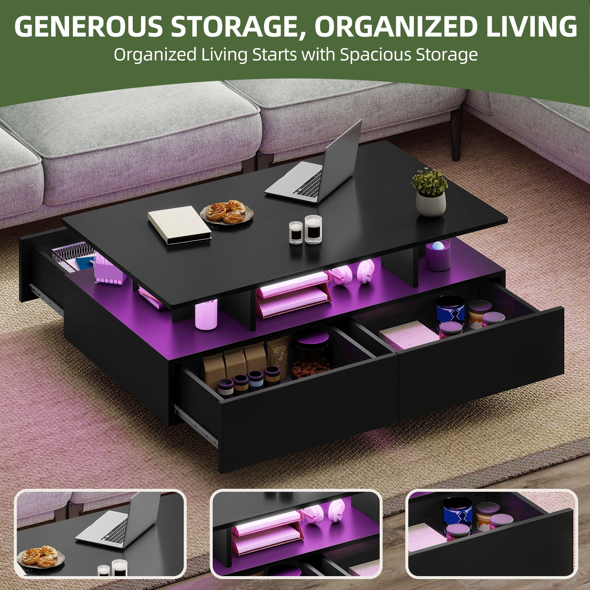 Uforic Modern LED Coffee Table, Center Tables with Storage for Living Room, Black