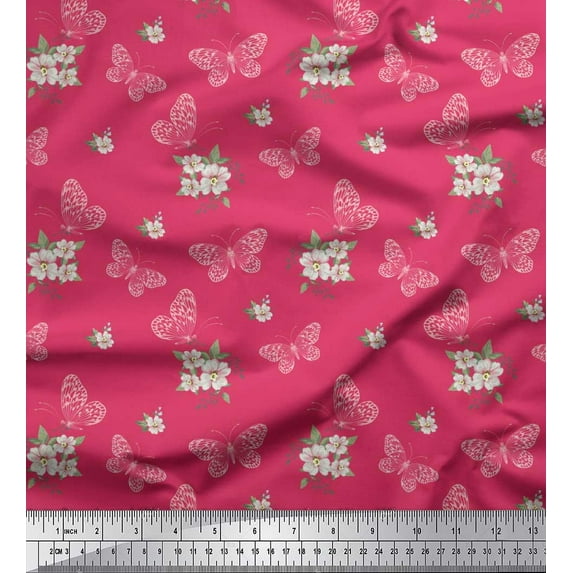 Soimoi Rayon Fabric Leaves,Floral & Butterfly Print Fabric by the Yard 56 Inch Wide