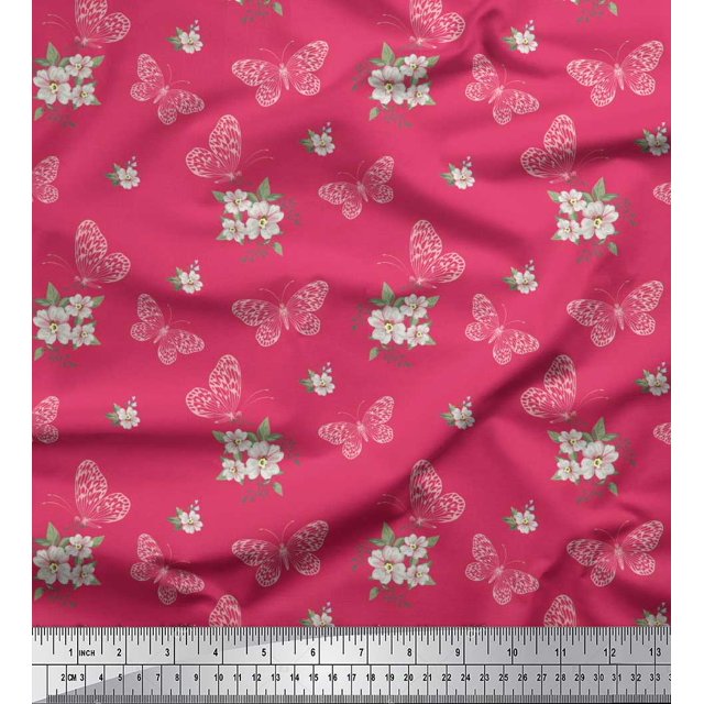 Soimoi Modal Satin Fabric Leaves,Floral & Butterfly Fabric Prints By Yard 42 Inch Wide