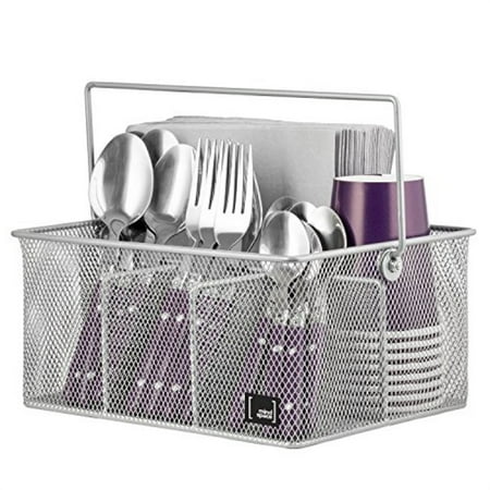 Silver Buffet Caddy silver utensil holder by mindspace, kitchen condiment organizer and flatware utensil caddy | the mesh collection, silver ()