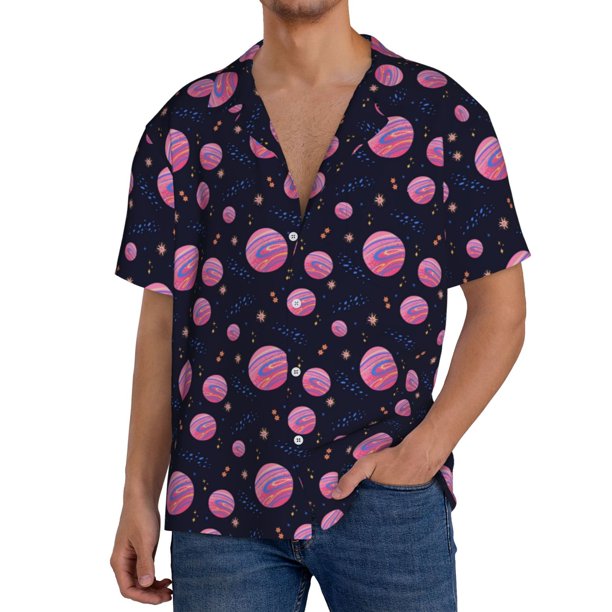 Fotbe Pink Planets And Stars Camisa Estampada de Manga Corta para Hombre, Casual de Verano, Estilo Playero, Sin Arrugas-Medium