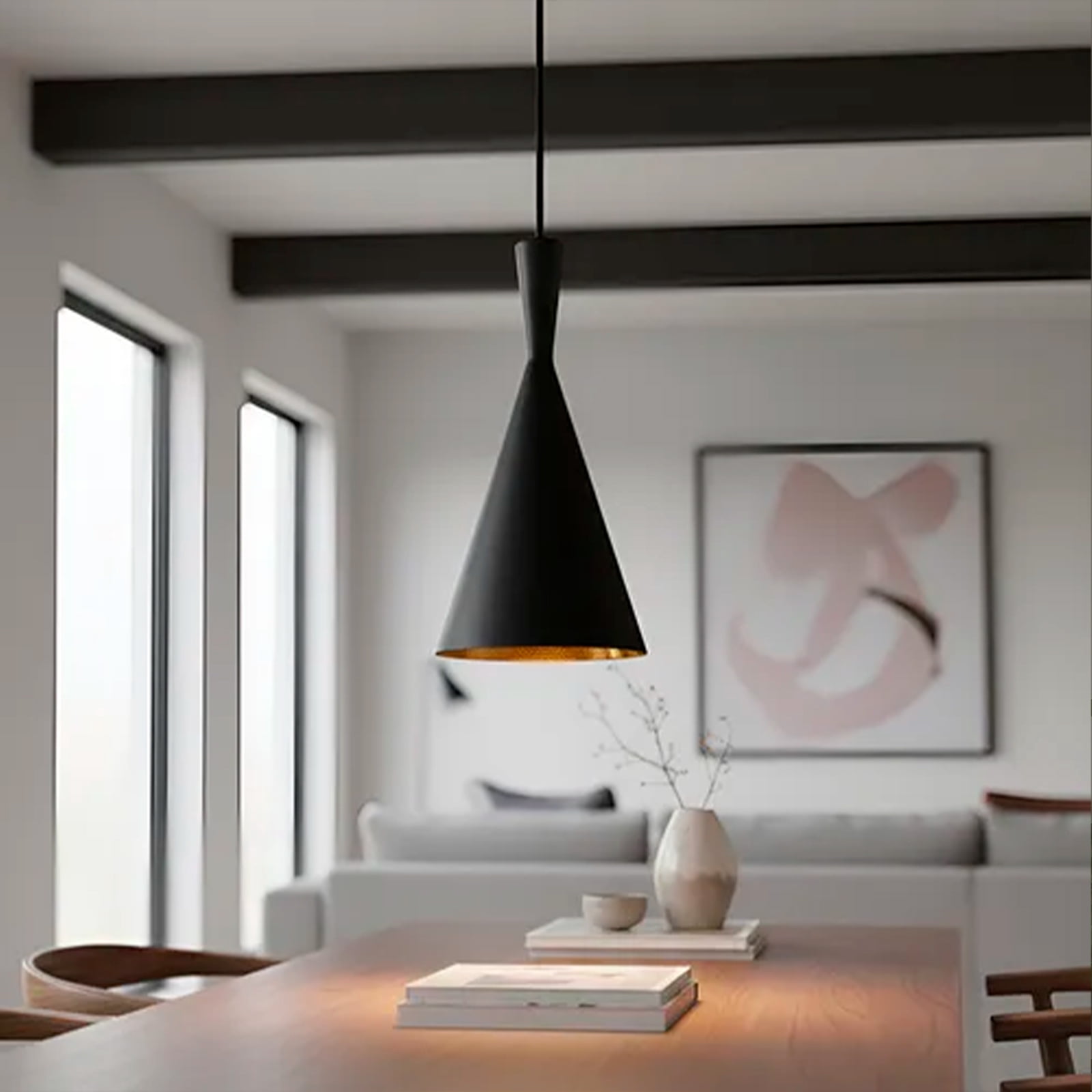 Heavenly Collections | Suspension Cône Sablier Moderne - Luminaire Noir Mat Style Mid-Century avec Intérieur en Feuille d'Or Martelée
