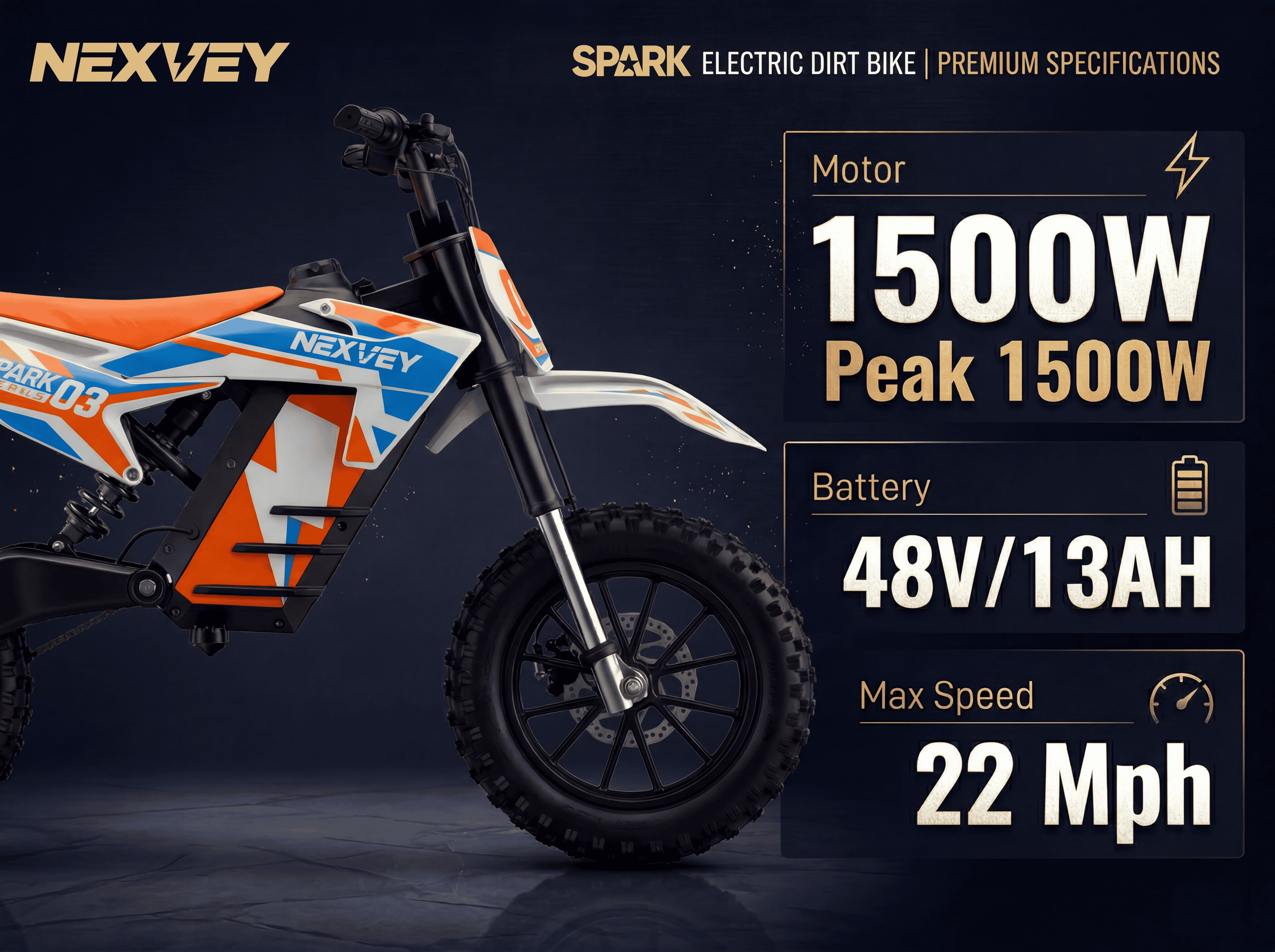 NEXVEY SPARK03 Electric Dirt Bike 1000W Motor 22 MPH 48V Battery 14-Inch Off-Road Tires For Kids