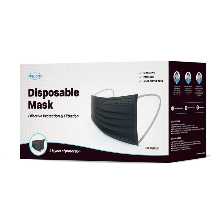 (40 Pack) Disposable Face Masks 3-Ply Individually Wrapped , 50ct - Black