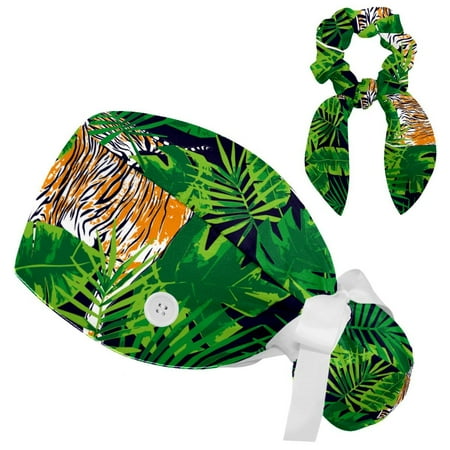 

Working Cap with Buttons and Sweatband Scrub Hat Bouffant Caps with Scrunchie Tiger Tropical Tie Back Hats