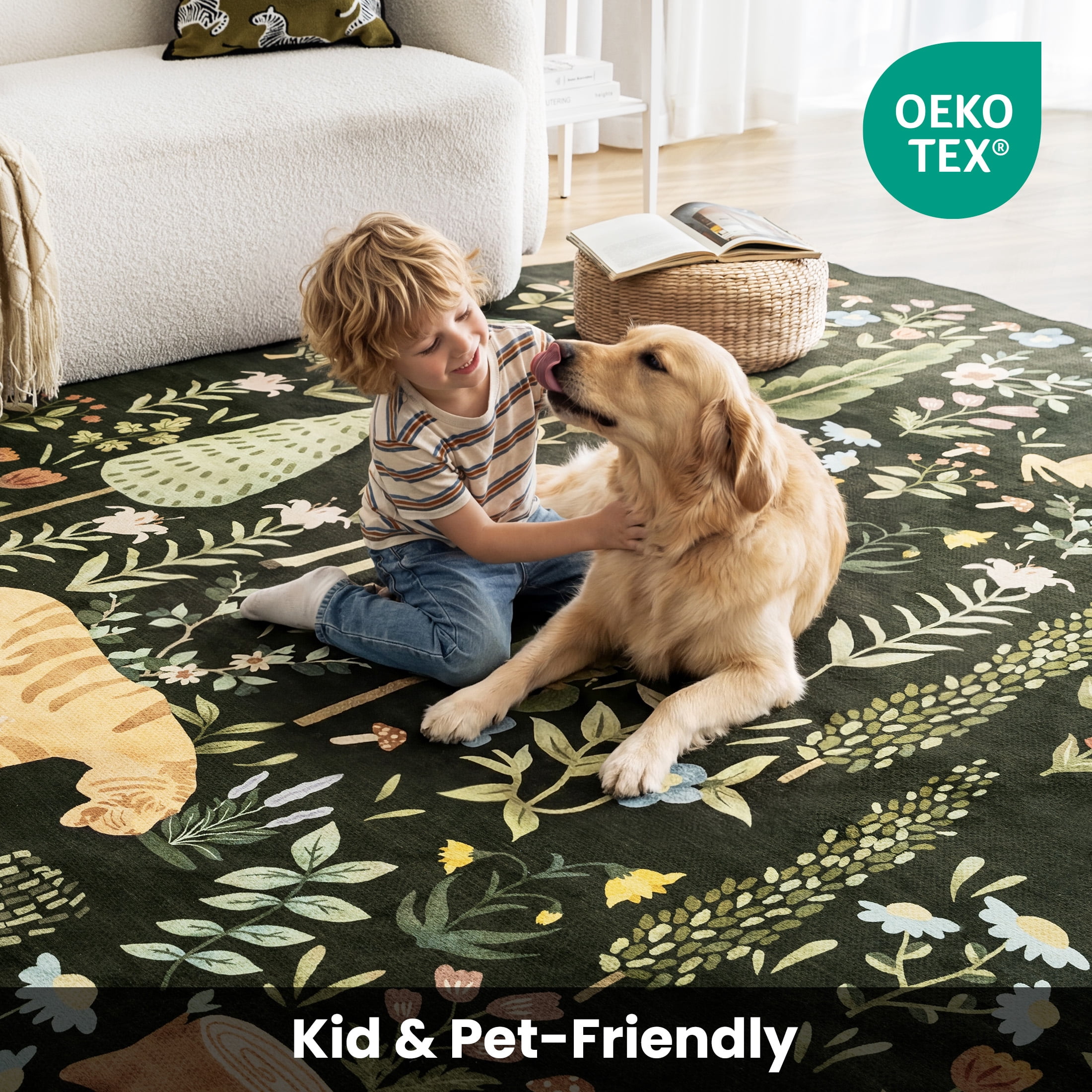 Sleep Zone 5x8 Washable Non Slip Area Rug Forest Creatures, Wave edge Scalloped Water Resistant Rug for Bedroom Living room