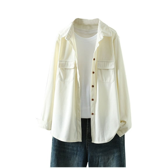 jtjvou Womens Corduroy Shirt Long Sleeve Oversized Button Up V Neck Blouses Tops Loose Shacket Jacket Beige XL