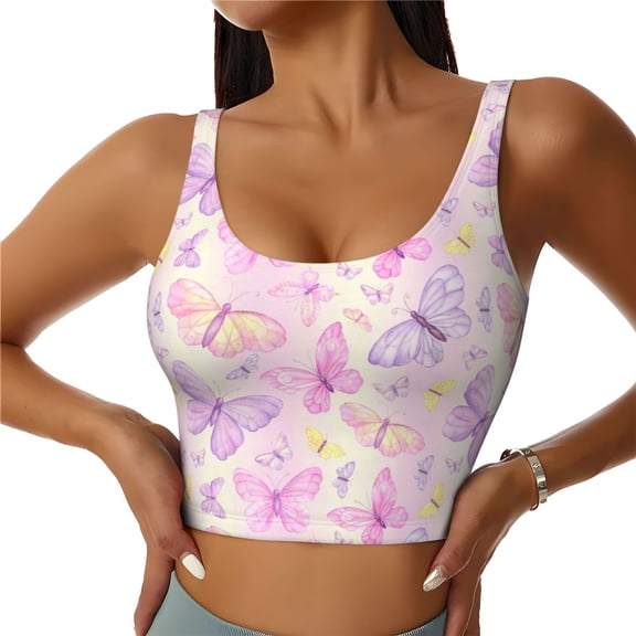 Rateoe colorful Butterflies Print Womens' Sports Bras Scoop Neck Sports Vest- Padded U Back Seamless High Impact Support-
