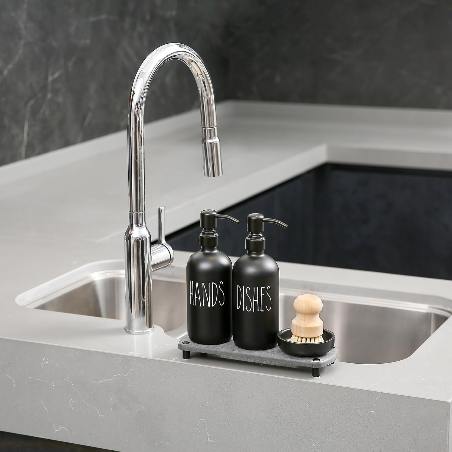 Matte Black Soap Dispenser Set Comes with Stainless Steel Pumps, Instant Dry Tray, and Dish Scrub Brush, Suitable for Matte Black Kitchen Accessories. (Black)
