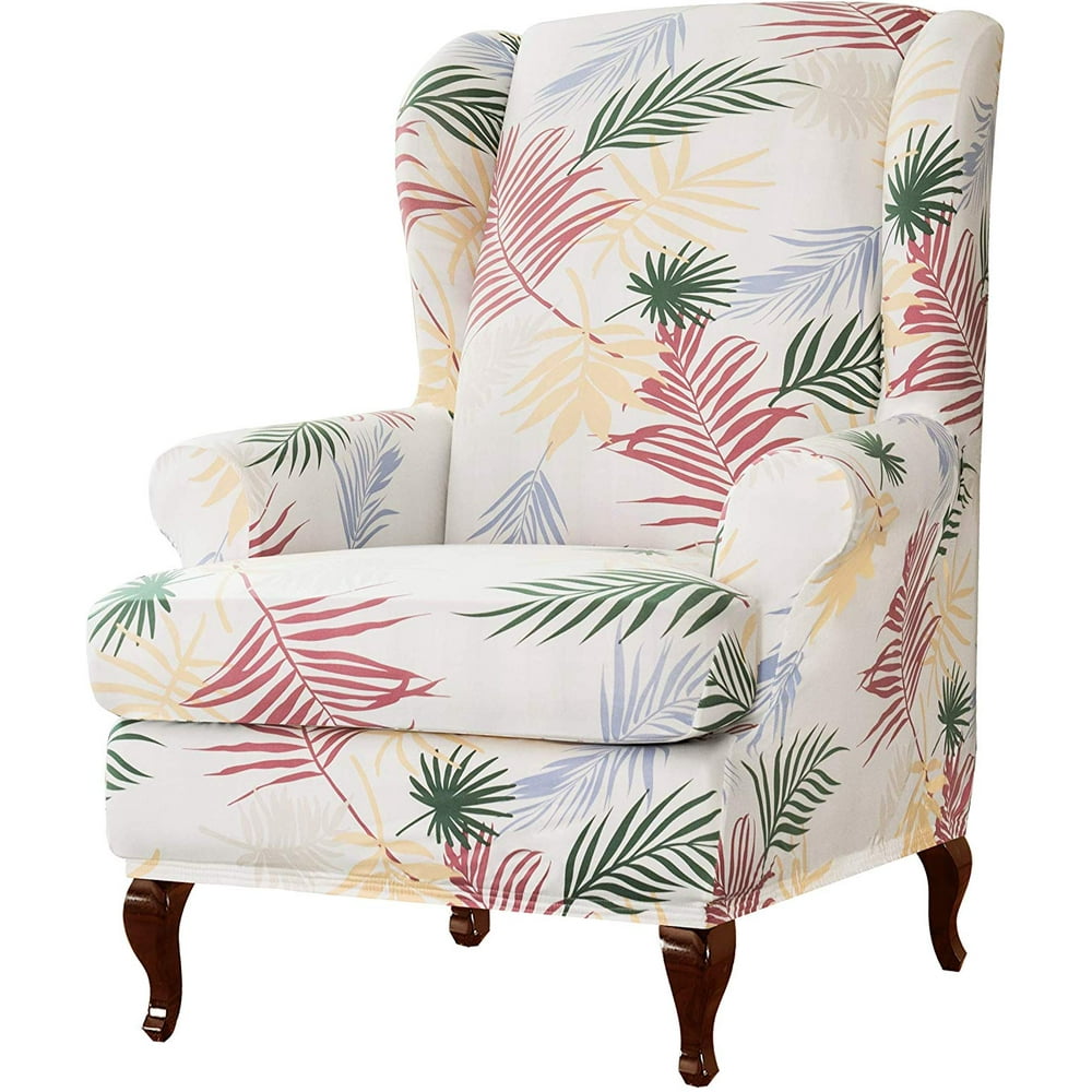 Subrtex Stretch 1Piece Leaf Floral Print Wing Chair Slipcover, White