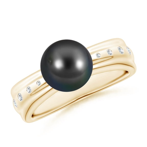 ANGARA Tahitian Cultured Pearl Ring with Flush-Set Diamonds in 14K Yellow Gold for Women | June Birthstone, Birthday, Anniversary, Jewelry Gift for Women | Pearl Ring