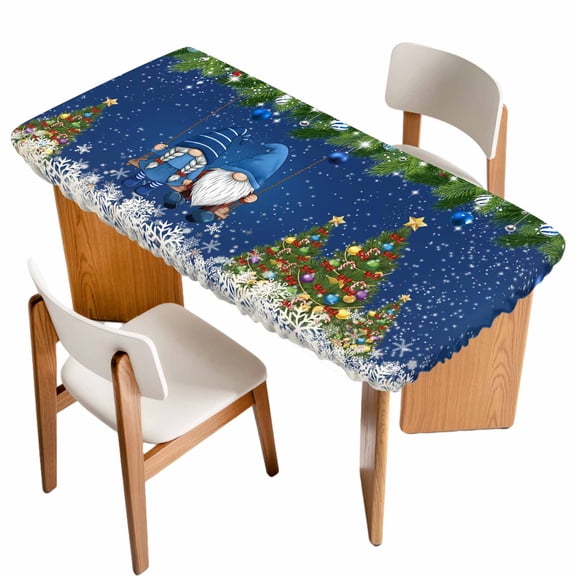Blue Gnomes Christmas Table Cloths for 6 Foot Rectangle Tables, Xmas Tree Weeping Balls Snowflake Patio Waterproof Elastic Fitted Tablecloths, Washable Rectangular Table Cover for Camping