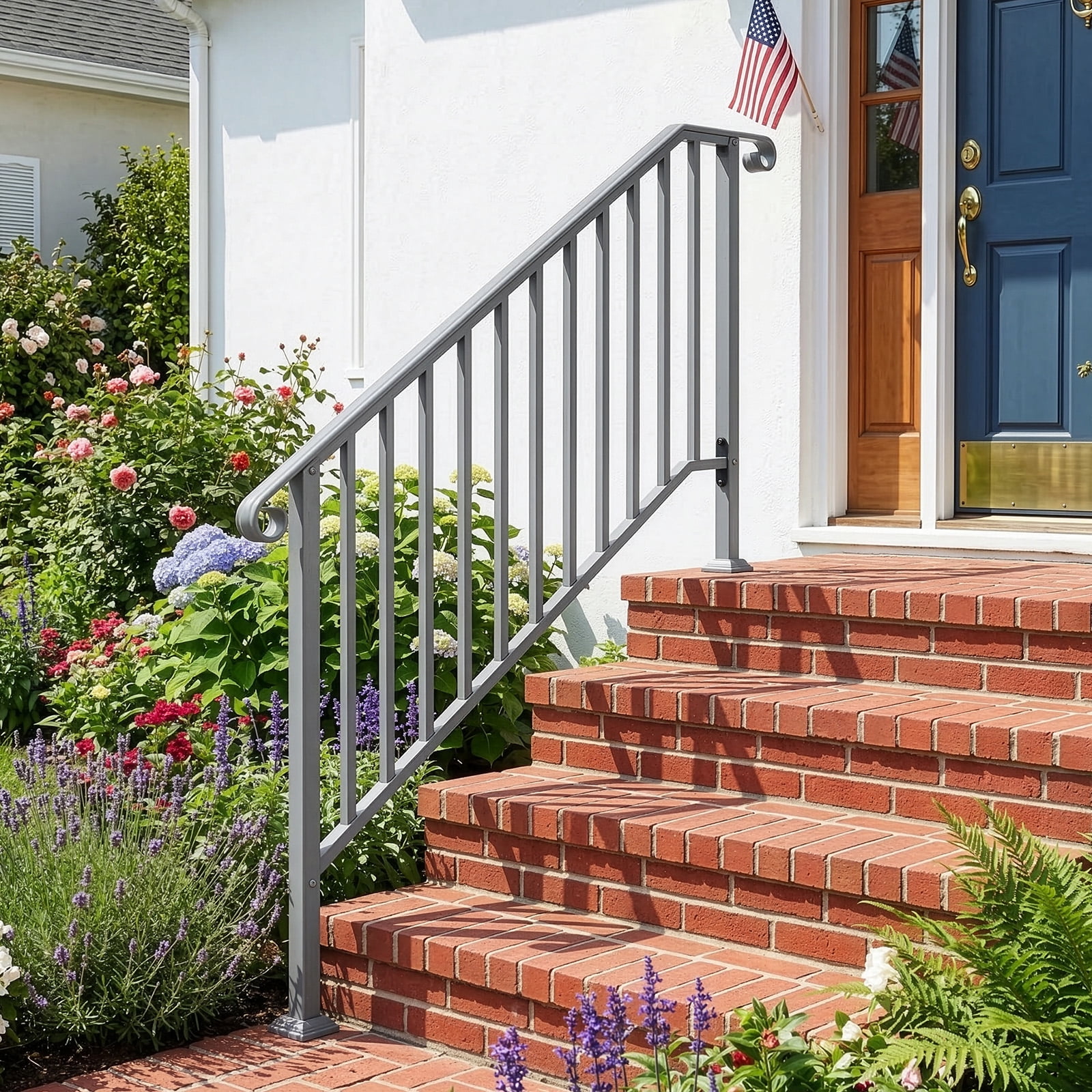 Silver Powder Coated Galvanized Iron Stair Handrail Curved Step Railing Fit 4-5 Steps Outdoor Garden Safety Iron Picket Rail With Installation Hardware