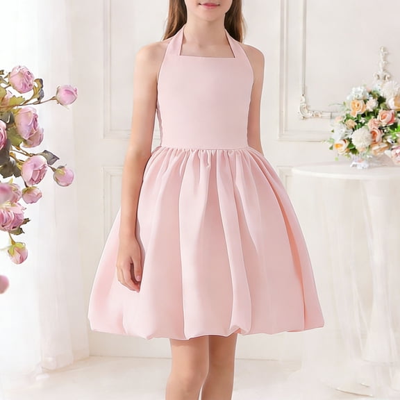 Girls' Halter Neck Bow Back Short Dress, Elegant Formal Party Dress for Piano Recitals 7-15 Years Pink 11-12Years
