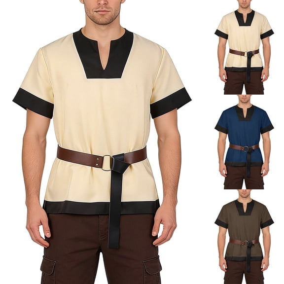 Viking Tunic Short, Sleeve Medieval Shirt, Belt Roman Knight, Costume Top Historical, Viking Tunic Short Sleeve Medieval Shirt With Belt Roman Knight Costume Top for Movie Night, Beige L