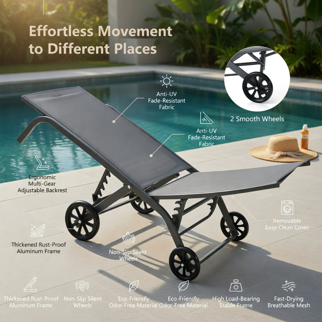 Hommoo 6-Position Adjustable Outdoor Chaise Lounge Chair with Smooth-Rolling Wheels, for Patio, Poolside & Backyard, Gray
