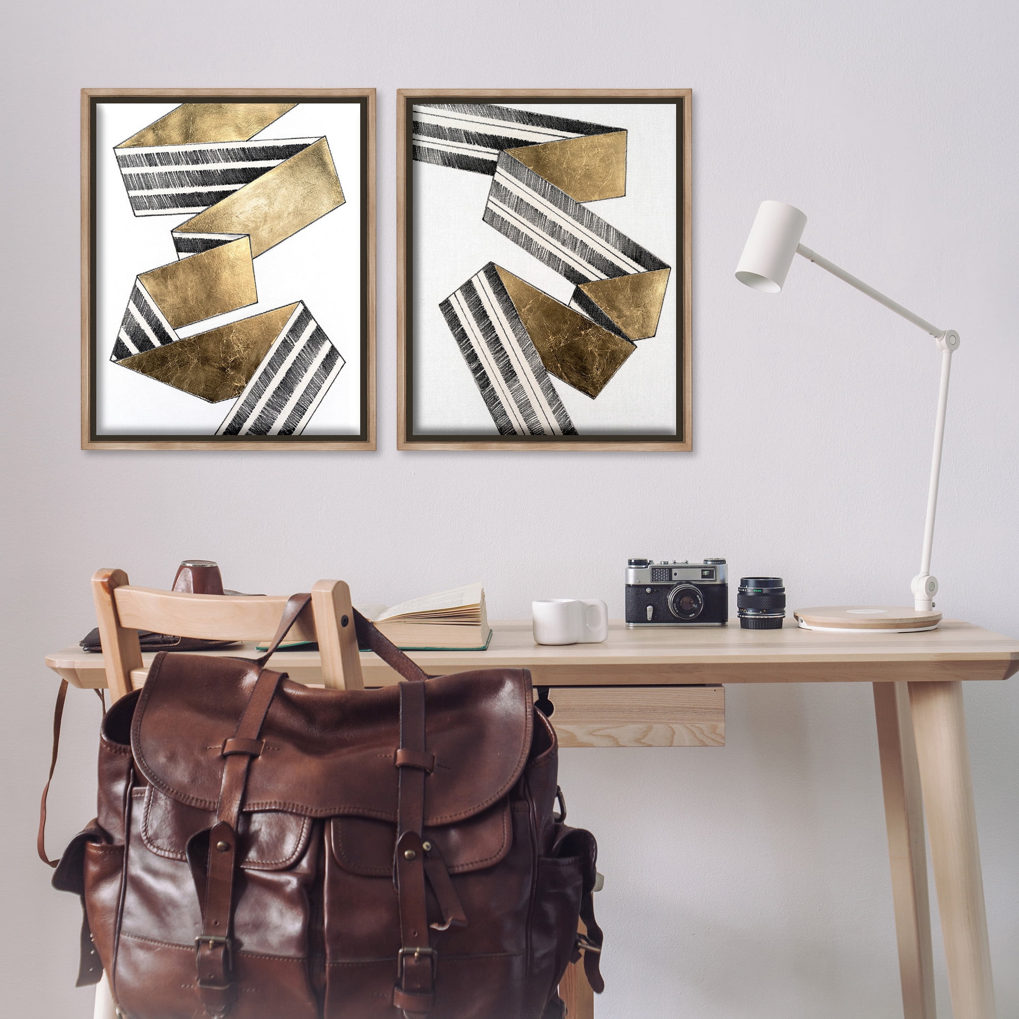 Stupell Industries Cascading Patterned Ribbon Abstract Painting Brown Floater Framed Canvas Art Print Wall Art, 25 x 31, Set of 2