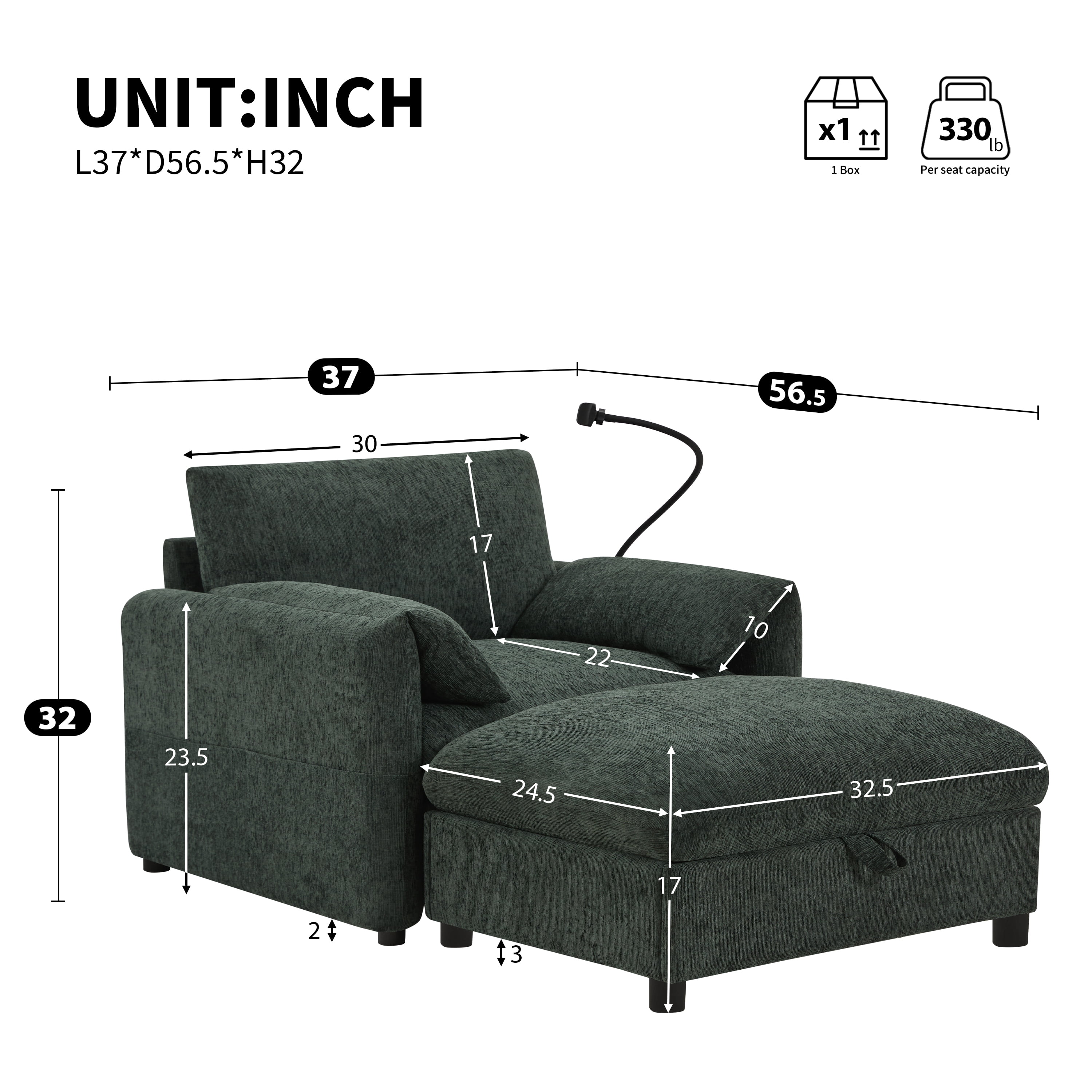 Accent Chair, Single Sofa, Chaise Lounge with Oversized Storage Ottoman and Adjustable Phone Holder, Chenille Armchair with Pillow Armrests and Side Pockets, for Living Room, Green
