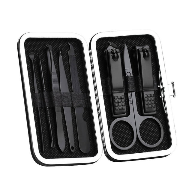 8pcs/set Nail Clippers Set Satinless Steel Nail Art Set Satinless Trimmers Set Portable Manicure Tools Kit, Black