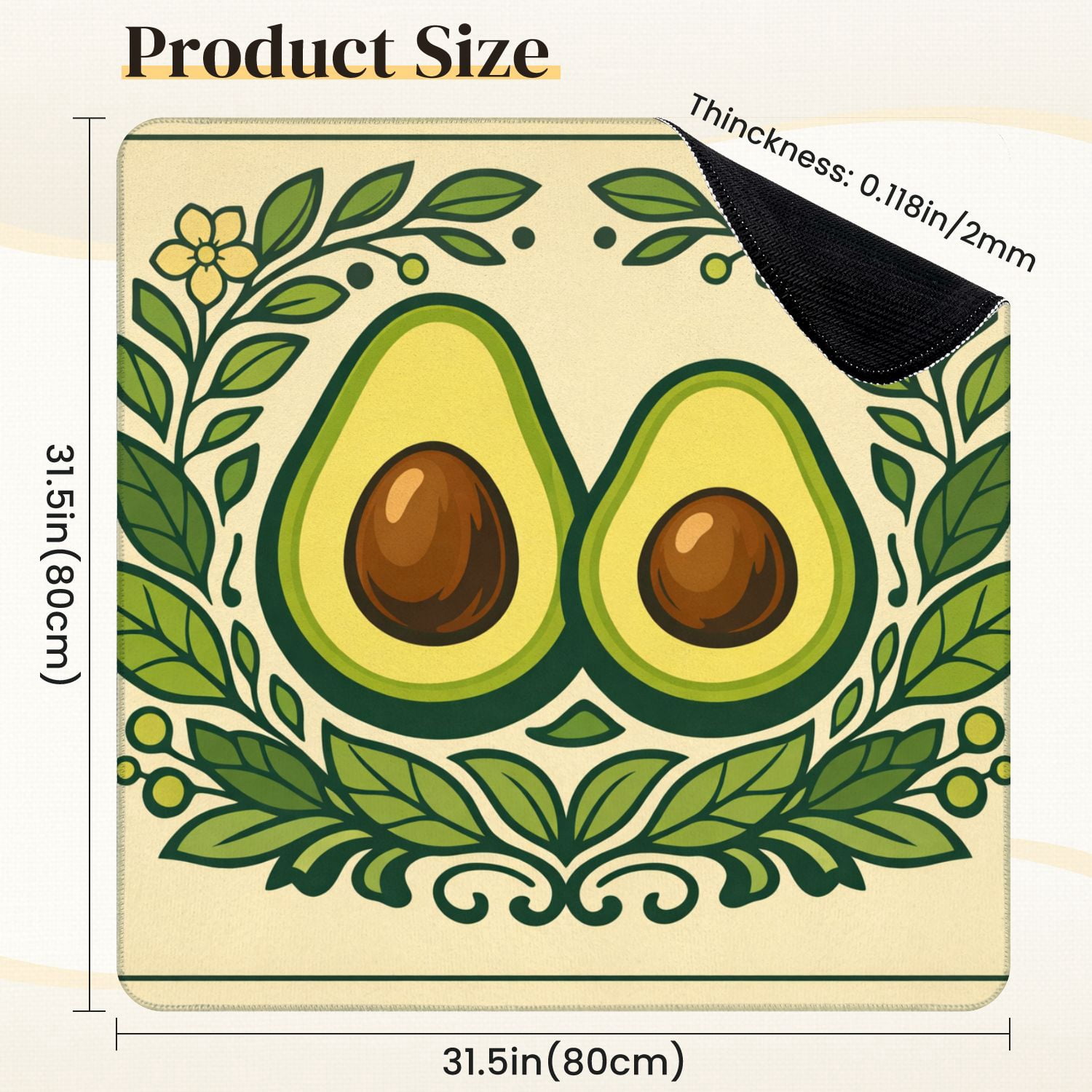 Mahjong Mat 31.5" x 31.5" Avocado Pair Green Leaves Floral Border Non-Slip Noise Reduction Mahjong Tiles Table Cover for Dominoes Poker Card Board and Tile Games