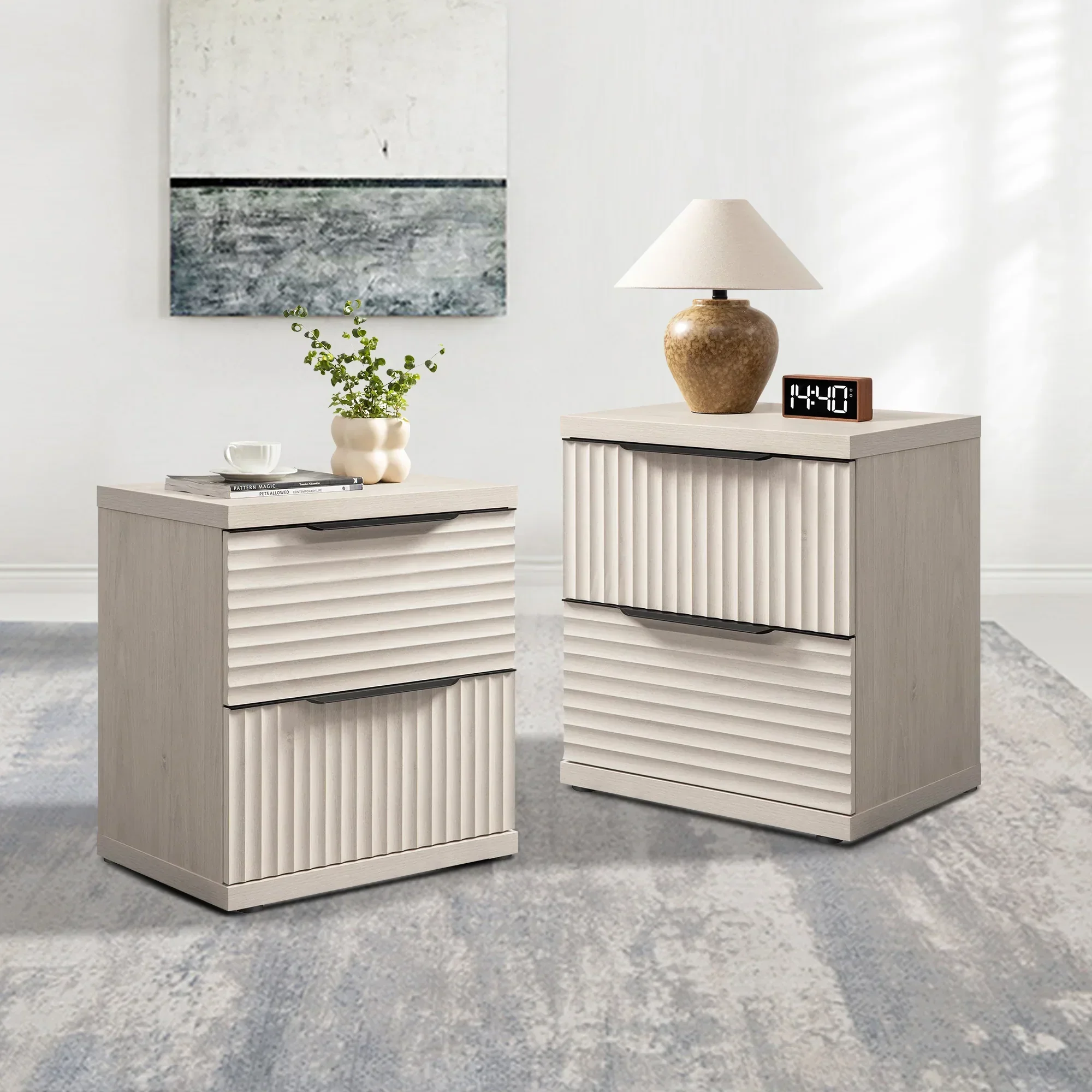 SICOTAS Modern Fluted 2 Drawer Nightstands Set of 2, Small Wooden Bedside Tables with Drawers & Black Handles, End Table for Bedroom, Living Room in Light Grey