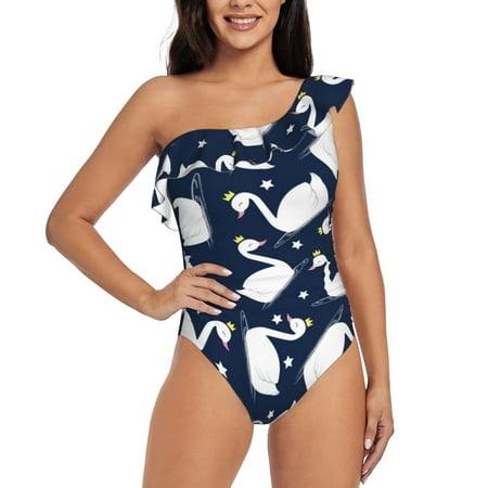 Tebeau Swan Print Women s One Piece Swimsuits One Shoulder Swimwear Asymmetric Ruffle Monokinis Bathing Suits-Large