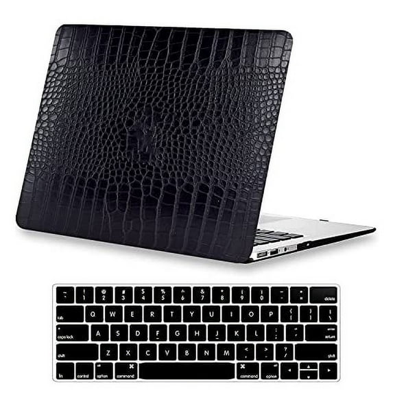 KEROM Compatible with MacBook Air 13 inch Case 2021 2020 2019 2018 Release M1 A2337 A2179 A1932 with Touch ID, Crocodile Leather Hard Shell Logo Cutout Case & Keyboard Cover, Black
