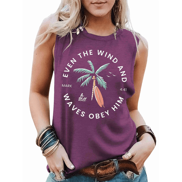 Camiseta de Tirantes de Playa de Verano para Mujer, Color y Rojo (Imagen A Color y Letras Blancas) S