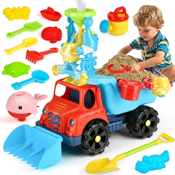 Beefunni Sand Toys for Toddlers Kids, Beach Toys, Truck Sandbox Toys Set, Activity Sensory Water Play Summer Outdoor Toys Gift for Kids Age 3 4 5 6 , Sand Molds Kit