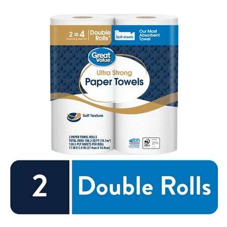 Great Value Ultra Strong Paper Towels, Split Sheets, 2 Double Rolls