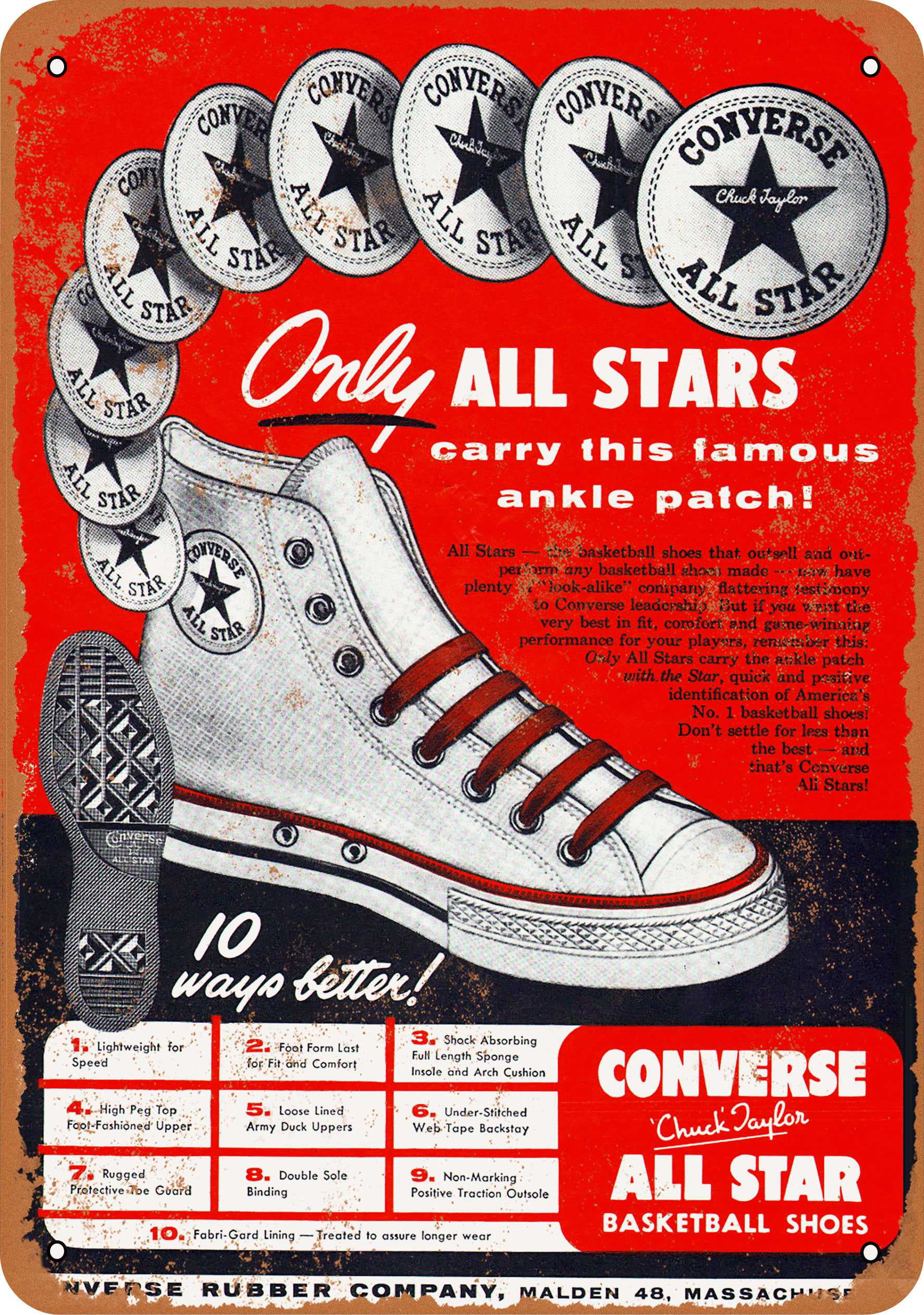 Síguenos emergencia Indirecto 7 x 10 METAL SIGN - 1949 Converse All Stars - Vintage Rusty Look -  Walmart.com